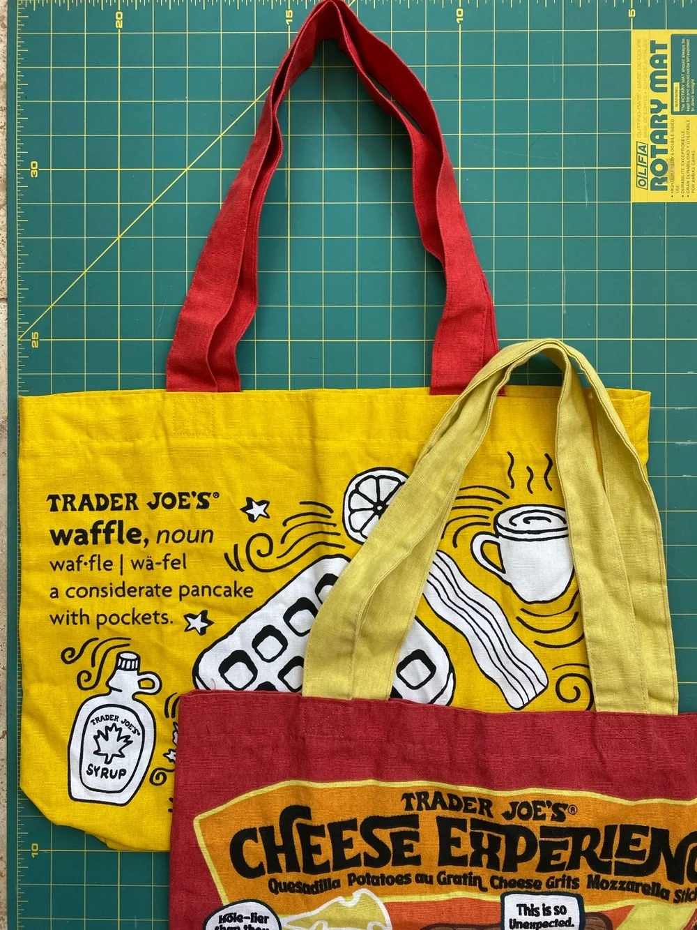 (2) Trader Joe’s Cloth Tote bags: Cheese Adventures & Waffles Toast Milk - Picture 10 of 13